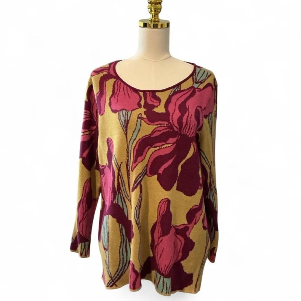 Soft Surroundings Iris Floral Knit Tunic Sweater XLYellow Burgundy Excellent